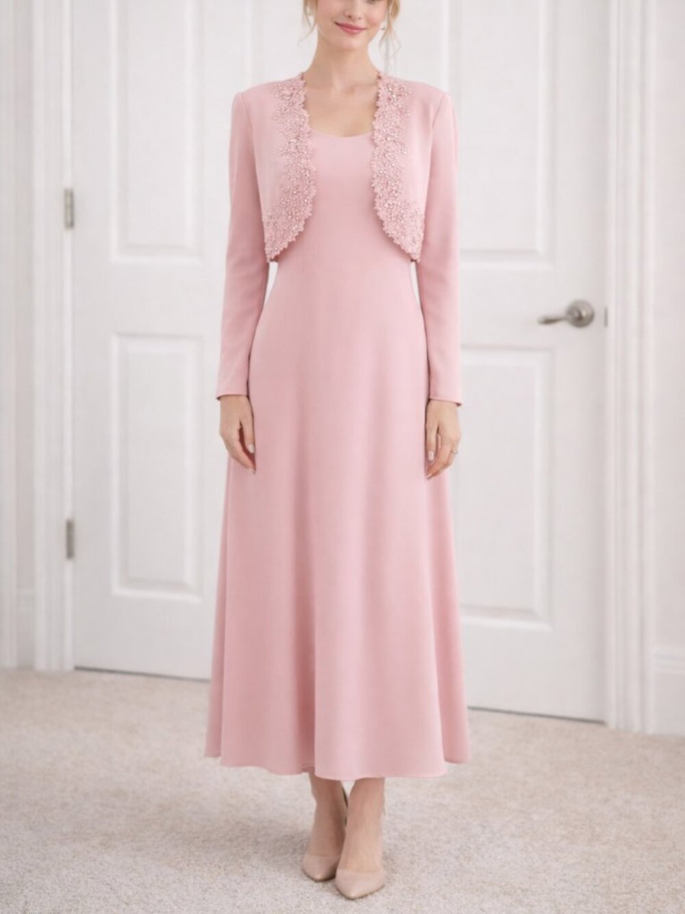 Prom Wedding Pink Dress with Bolero Jacket Cocktail Party Maxi Set 4